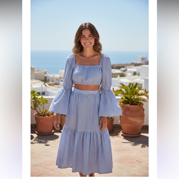 STAUD Blue and White Striped Midi Skirt Set - Picture 1 of 11